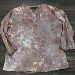 100% Linen Artisan Tie Dye 3/4 sleeve blouse with embroider detail
